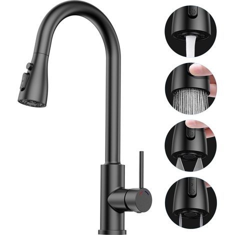 Robinet Cuisine avec Douchette Extensible Mitigeur Rabattable Robinet Evier de Cuisine avec 4 Douchette Modes, 360° d'Évier à Arc Élevé Acier Inoxydable Robinet Cuisine,Noir (1/5)