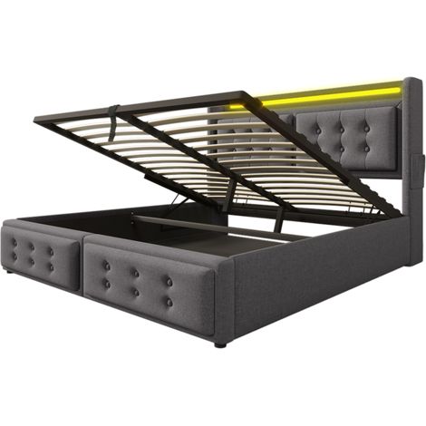 Stauraumbett 160 x 200 cm, Doppelbett mit LED, USB, Typ-C und Steckdosen, ohne Matratze, Grau (1/5)