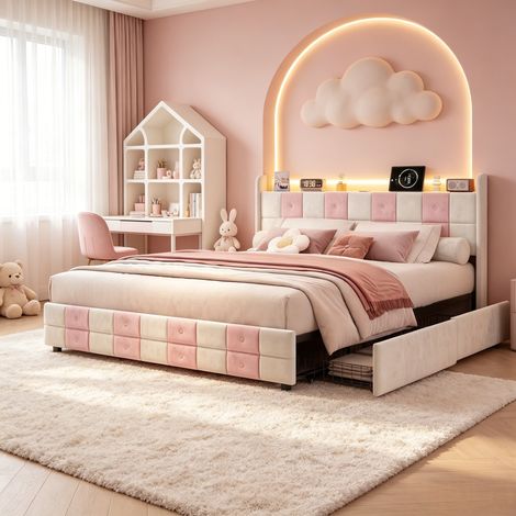 Lit 140x200 avec tiroirs,lit double capitonné,lit adulte,avec sommier à lattes,LED réglable,USB,4 tiroirs,tissu en Velours,lit 2 personnes (1/5)