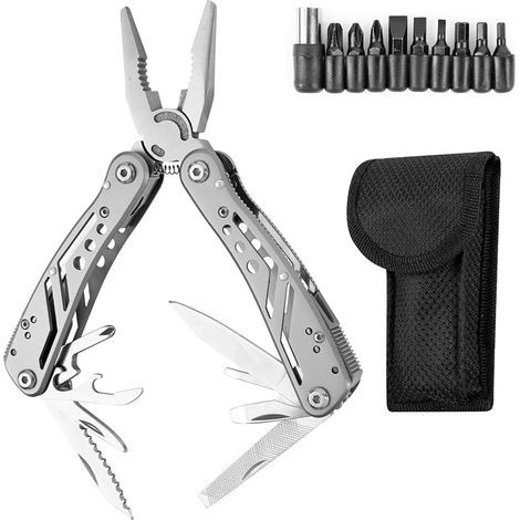 Attrezzo multifunzione 25 in 1 in acciaio inox pieghevole, pinza multiuso, utensile versatile, accessori perfetti per il campeggio, apribottiglie e moschettone, con 11 punte da cacciavite e custodia (1/4)