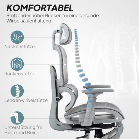 Bürostuhl, ergonomischer Schreibtischstuhl mit Netzgewebebezug, verstellbar, mobil, mit Armlehnen und Kopfstütze, grau. (1/5)