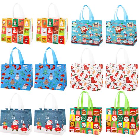 Set mit 12 hübschen und geräumigen Weihnachtstüten mit praktischen Tragegriffen aus Vliesstoff, perfekt zum Verpacken von Süßigkeiten in der Weihnachtszeit. (1/5)