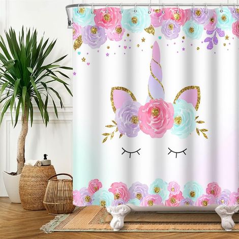 140x183cm Mignonne Licorne Rideau de Douche Dessin animé Licorne Magie Tête Doré Poudre Fleur Rideau Bain Blanc Arrière Plan Rideau de Baignoire pour Salle Bains Polyester avec Crochets (1/5)