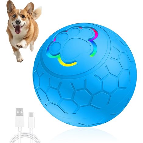 Balle interactive pour chien Balle pour chien à mouvement automatique Jouet interactif pour chien Deux modes de mouvement automatiques + lumière LED Rechargeable par USB Diamètre 5,6 cm Bleue (1/5)