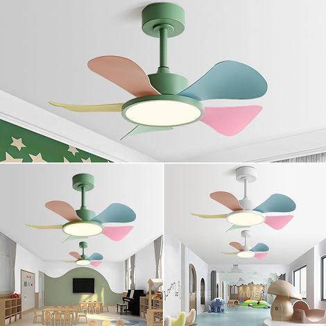 Ventilateur plafond LED 76 cm, 40W, 5 pales ABS, 6 vitesses, éclairage coloré, silencieux, télécommande, pour chambre enfant(Vert et pales colorées) (1/5)