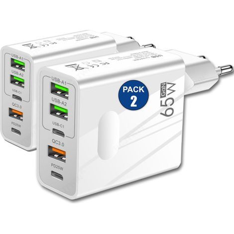2er-Pack 65W USB-Ladegerät – 5 USB-C-Anschlüsse – 2 USB-C + 3 USB-A – QC 3.0 Schnellladung – Hochleistungs-Netzteil kompatibel mit iPhone, Samsung und Xiaomi – Weiß, 3 Sterne (Weiß, EU) (1/5)