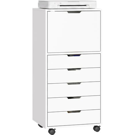 HOMCOM cajonera escritorio con 5 cajones, cajonera de oficina con ruedas y armario con cierre suave, soporte para impresora, blanco (1/5)
