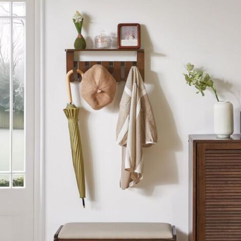 Porte Manteau Mural Bois, Lot de 2 Patere Murale de Crochets Rétractables pour Salle de Bain, Entrée, Chambre, Noyer (1/5)