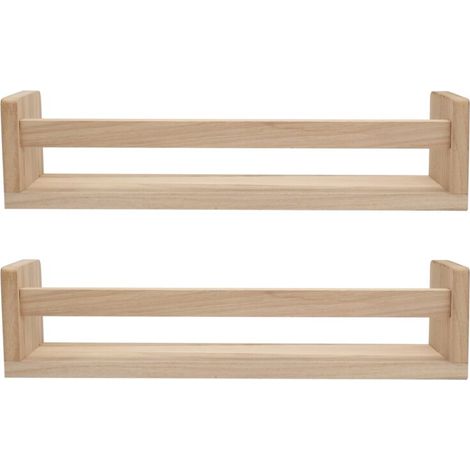 Étagère Murale Flottante En Bois Naturel 2 Pièces Bibliothèque Enfant Chambre Décor Bain Épices Cuisine