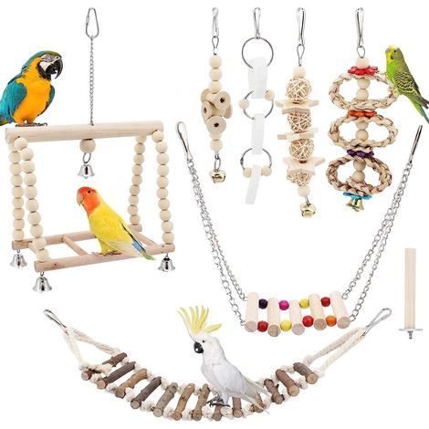 Set of 8 Toys, Bird, Natural Wood, Bell, Swing, Cage, Parrot, Cockatiel (1/5)