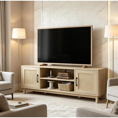 Meuble TV avec niches ouvertes et portes doubles, 135 x 39 x 45 cm, chêne HAVRYA (1/4)