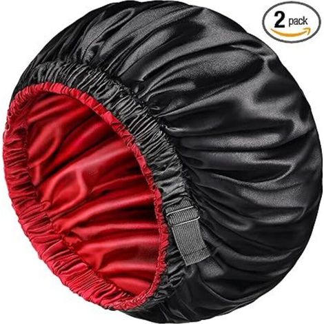 Set di 2 retine per capelli reversibili a doppio strato in raso di seta, per uomo e donna, ideali per trecce ricce, con elastico allargato (XL, nero/rosso) (1/4)