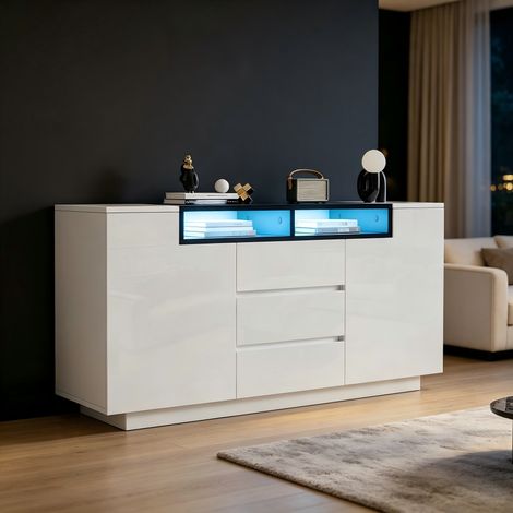 Buffet de salon 140x40x68 cm avec 2 portes en forme de L, meuble TV avec étagères réglables et éclairage LED, armoire brillante à 3 tiroirs, commode blanche et noire (1/5)
