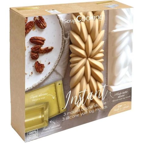 Coffret Moules Bûche de Noël - SCRAP COOKING - Instant - 3 Moules Silicone 3D - Livret de Recettes - Doré (1/4)