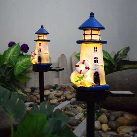 2 articles - Éclairage extérieur solaire en forme de phare - Éclairage solaire de jardin - 6 x 7 x 44 cm - Bleu - Résine + ABS bleu (1/5)