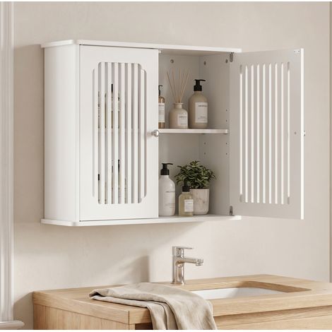 Wandhängender Badschrank mit 2 Türen, Lamellenfront, 60 x 20 x 52 cm, weiß OKMYHOME (1/5)