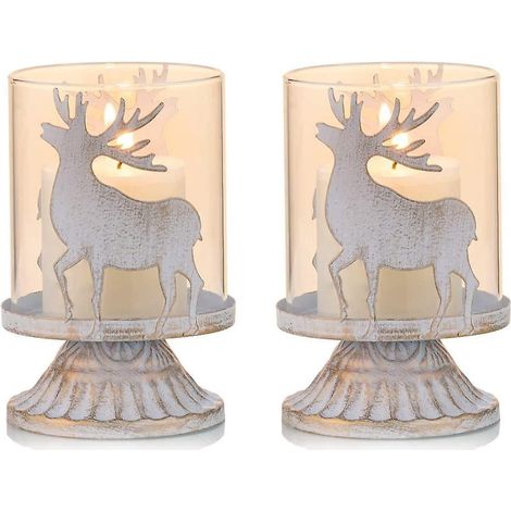 Set aus 2 weißen Metall-Kerzenständern, Säulenkerzenständern, Windlichtern, im Antik-Stil