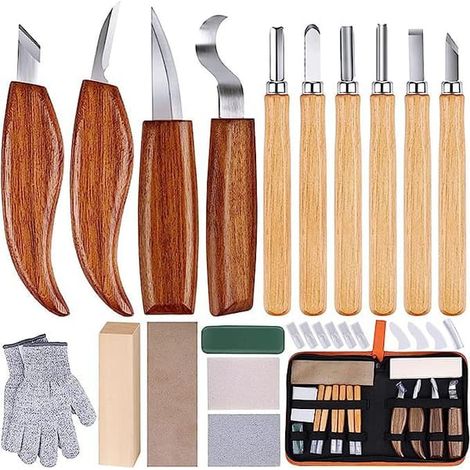 Ensemble d'outils de sculpture sur bois adapté aux débutants, comprenant un couteau à sculpter le cuir et un outil de polissage. (1/4)