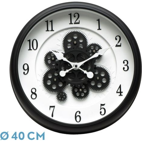 BUBION Orologio da parete bianco nero 40x40x7 cm ingranaggi con movimento