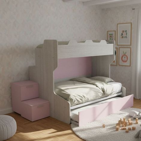 Letto a castello con gradini a cassetti e passerella - Una piazza e mezza e singola - Rovere rock e cipria