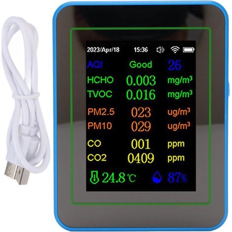 Misuratore di qualità dell'aria Eosnow 12 in 1, WiFi, CO2 TVOC HCHO, rilevamento intelligente della temperatura e dell'umidità interna, alimentato a batteria, con visualizzazione dell'ora, bianco + bl (1/4)