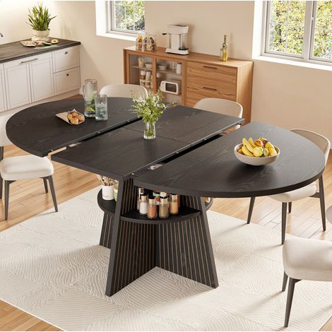 Ausziehbarer runder Esstisch schwarz 110-150 x 110 x 76 cm mit Stauraum HAVRYA (1/5)