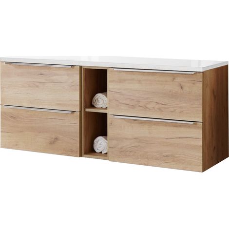 Waschtischunterschrank 141cm mit 4 Auszügen TOSKANA-56 in Wotaneiche und Hochglanz weiß B/H/T ca. 141/59,5/46 cm (1/5)