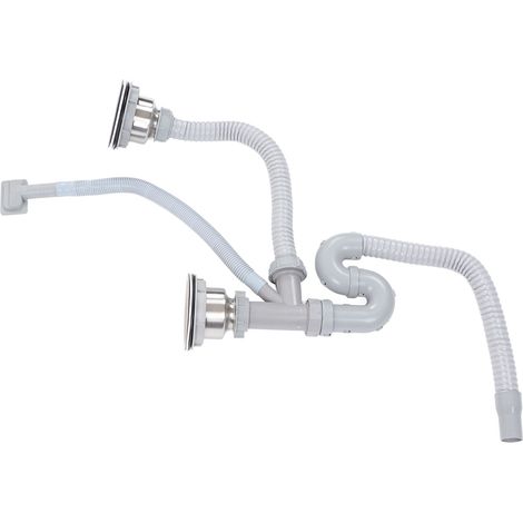Tuyau d'évacuation d'évier de cuisine en acier inoxydable coudé en S avec double bonde, ensemble de tuyaux d'égout pour salle de bain et maison (1/5)