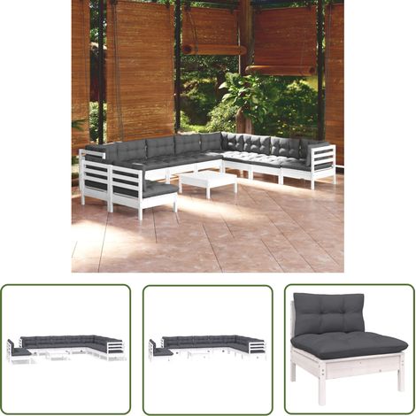 The Living Store Salon de jardin 11 pcs avec coussins blanc bois de pin solide - Salon De Jardin - Mobilier De Jardin - Ensemble Salon De Patio - Meubles De Jardin - Chaise Longue (1/5)