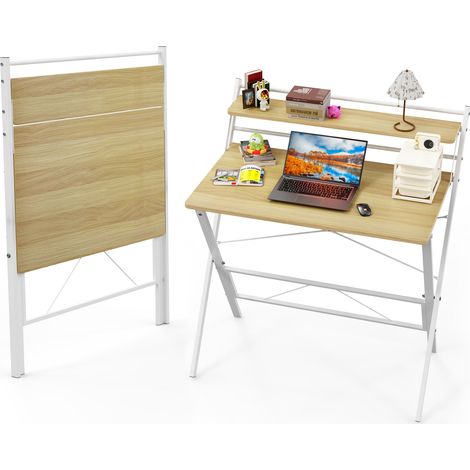 Haloyo® Table d'ordinateur pliante, Bureau d'ordinateur, Bureau avec Étagères, 80X50X107cm, Couleur du bois (1/5)