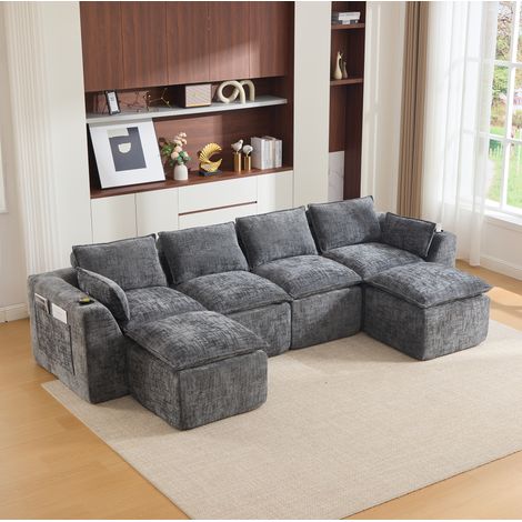 Divano modulare 4 posti con 2 pouf, cuscini, portabicchieri e tasche, grigio DESVIAE (1/5)