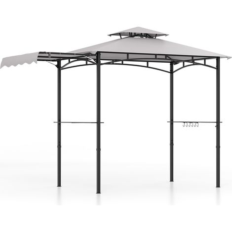 Tonnelle de barbecue grise 11 x 5 pieds avec auvent latéral, double toit et étagères pour jardin, terrasse et plein air (1/5)