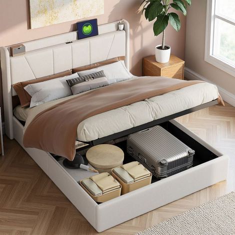 Cama 140x190 cm, 05TT, 2 puertos USB y 1 puerto Type-C, cama doble, marco de cama 140x190 cm, 280kg, Lino, Beige