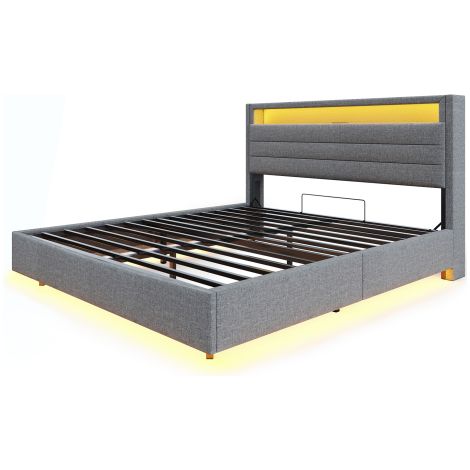 Polsterbett mit USB-Steckdose und LED-Licht, wendbares Kopfteil, verdecktes Fußteil, Doppelflachbett, Jugendbett, Erwachsenenbett, Leinenstoff