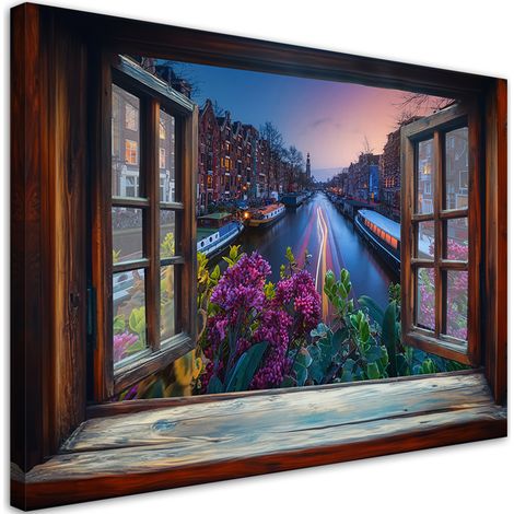 Tableau déco Vue d'une fenêtre sur l'architecture de la ville d'Amsterdam 90x60 (1/5)