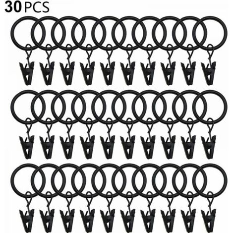 30 anneaux de rideaux PCS avec pinces, pinces à draperie solides, crochets sur support de tige de tension, diamètre intérieur oeillets en métal rideaux décoratifs cintres de fenêtre, noir