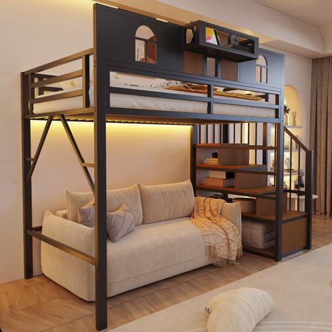 Hochbett 255x95.5x187 cm Schwarz aus Metall mit Stauraumleiter, Ablage und Lichtleiste (1/5)