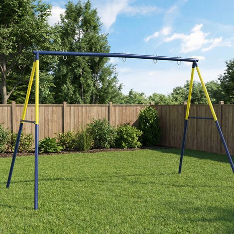 Balançoire enfant 3-8 ans en acier bleu, robuste, 260x160x178 cm, avec 4 crochets, jeu extérieur pour jardin. (1/5)