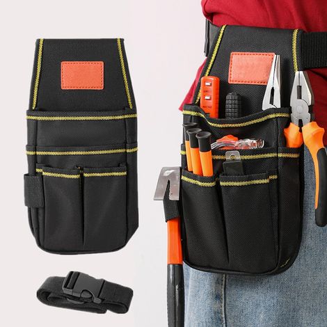 Small Multi-Pocket Tool Kit with Hammer Ring and Hook Ring Belt Holder Tool Pouch with Adjustable Nylon Belt Small Waterproof Tool Bag (12 Inches) (1/5)