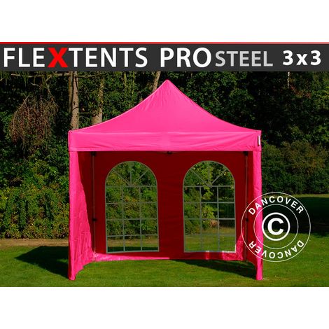 Pop up gazebo FleXtents PRO Steel 3x3 m Pink, incl. 4 sidewalls