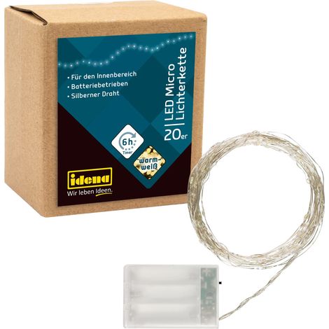 Idena 31118 - Micro catena luminosa a LED con 20 LED in bianco caldo, con funzione timer 6 ore, a batteria, lunga circa 2,2 m, per feste, Natale, decorazione, matrimonio, come luce d'atmosfera (1/5)