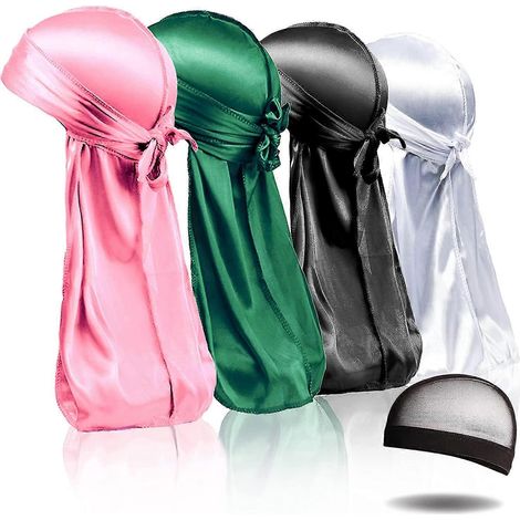 4er-Pack seidige Durags, Seiden-Durag für Männer und Frauen mit Wellenfrisuren, Seiden-Durag-Packung mit 1 Wellenkappe, seidiger Satin-Durag mit extra langen Enden-black (1/5)