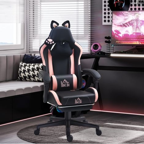 Silla gaming con orejas de gato, reclinable 135°, reposapiés, negro y rosa OKMYHOME (1/5)