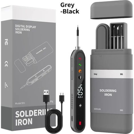 Kit de fer à souder sans fil USB-C à batterie 1400 mAh, Kit de fer à souder avec support, écran LCD,chauffe en 8s, 180–450 °C(Article 10) (1/5)