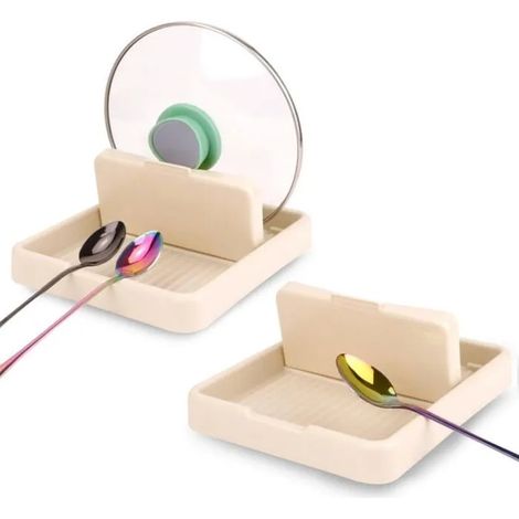 Porte-cuillères 2 pièces avec support couvercle, pour plaque de cuisson, pliable, blanc. (1/5)