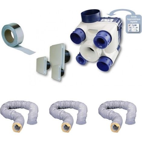 Soler Et Palau – Kit VMC hygrostat réglable 35W – Débit max 300m³/h – 4 sorties 80mm et 1 cuisine 125mm – Système Twist pour installation facile