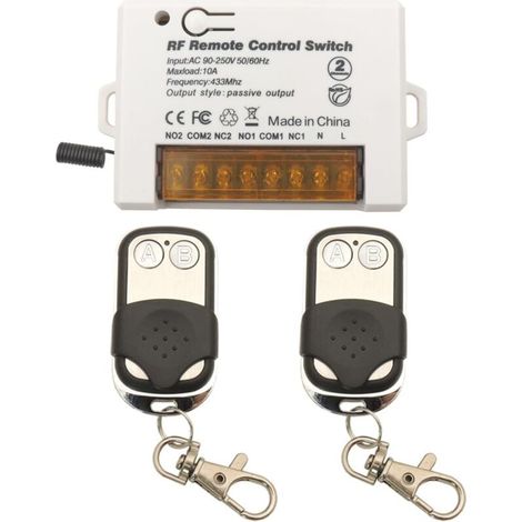 Commutateur de télécommande de relais sans fil 2 canaux 433Mhz RF AC 220V 230V 10A Récepteur de relais avec 2 Porte-clés émetteurs, grosse borne de câblage câblage facile (1/4)