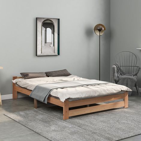 Letto in legno massello stile futon 140x200 cm, pino naturale, con testiera, struttura stabile (1/5)
