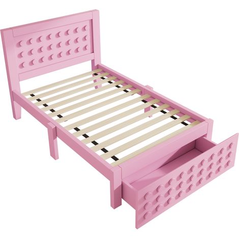 Letto singolo 90x200 cm in legno con cassetto, rosa, rete a doghe, senza materasso (1/5)