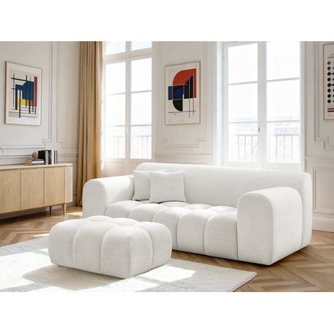BOBOCHIC - Canapé droit fixe 2 places MELISSE tissu texturé avec pouf Blanc (1/5)